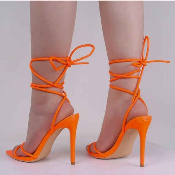 Neon Orange Strappy Sandals 11cm/ 4.33 inch Neon Heel Size 8.5 - Picture 11 of 11